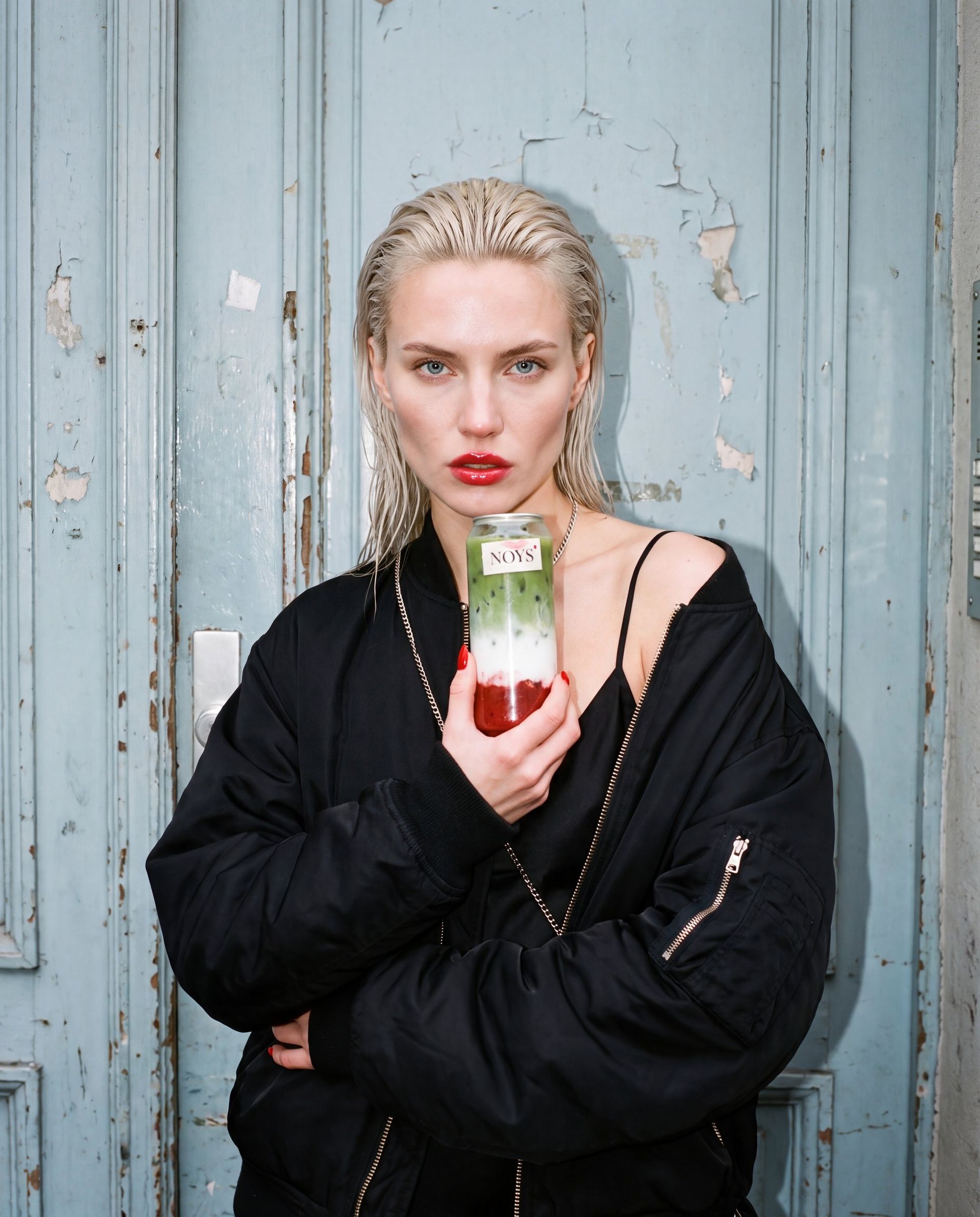 Mila mit einem NOYS Strawberry Matcha vor einer hellblauen Tür